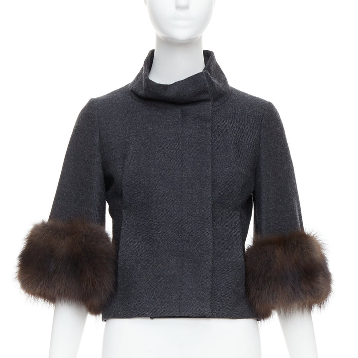 MARNI charcoal grey fur trim flare wool blend cropped jacket IT40 S