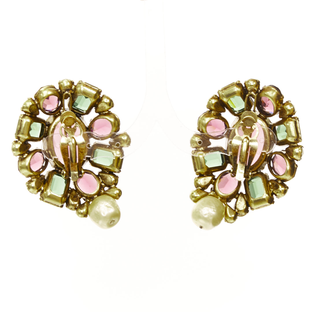 IRAJ MOINI purple green silver giant stones faux pearl clip on earrings Pair