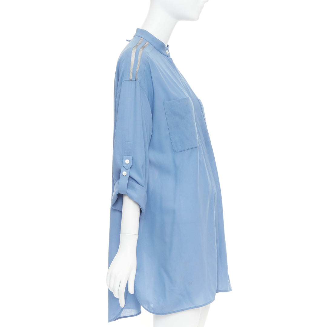 HERMES blue virgin wool band collar rolled tab sleeves tunic shirt dress FR36 S