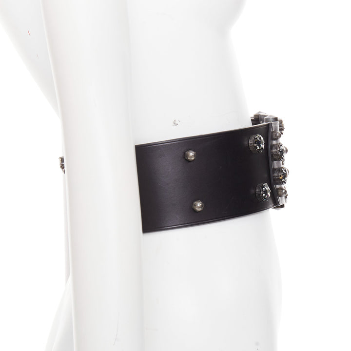 LANVIN black calfskin leather crystal embellished panelled statement belt S