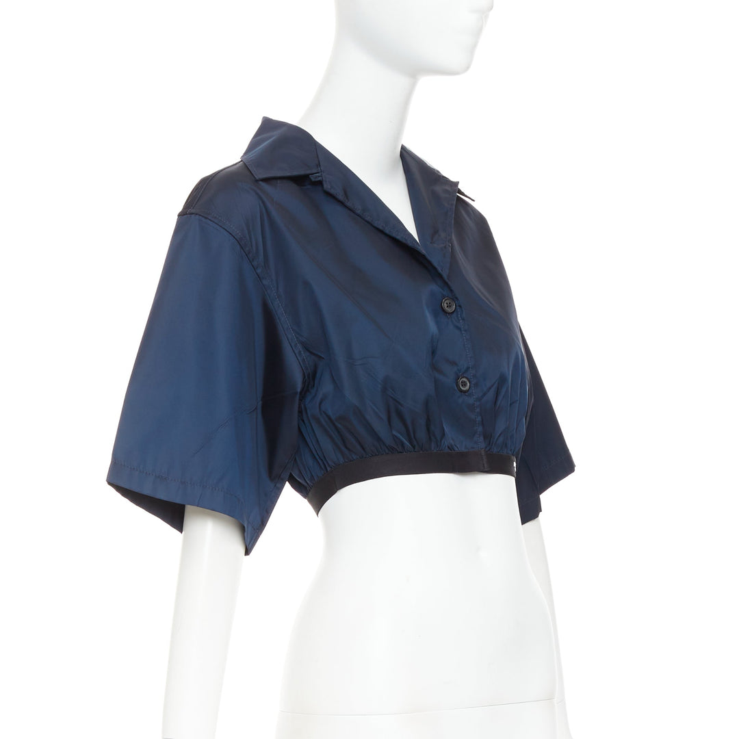 PRADA 2022 Re-Nylon navy blue white logo cropped boxy shirt IT38 XS