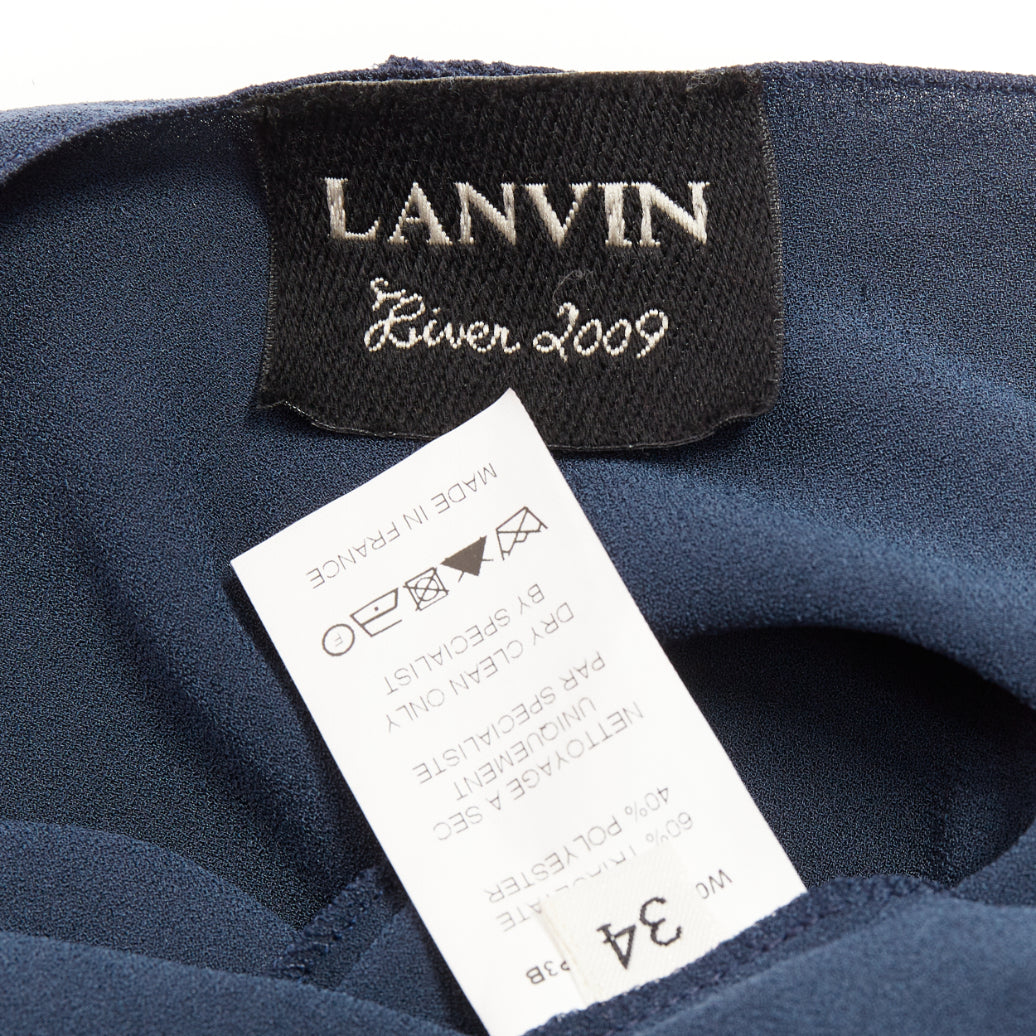 LANVIN 2009 navy triacetate blend twist front square neck ruched top FR34 XS