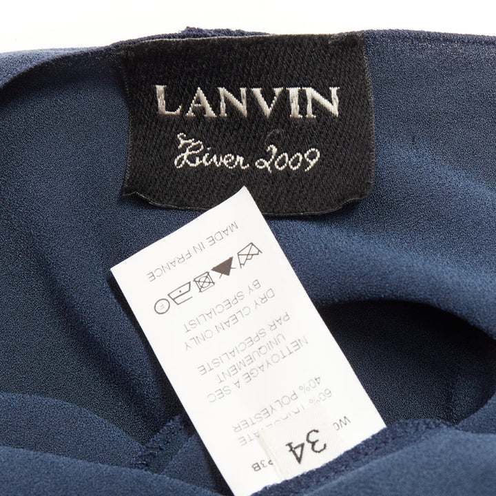 LANVIN 2009 navy triacetate blend twist front square neck ruched top FR34 XS