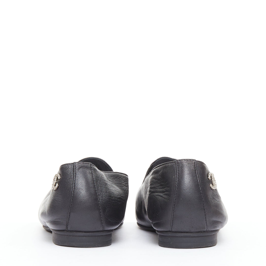 CHANEL black leather silver CC logo camellia flat loafer EU36.5
