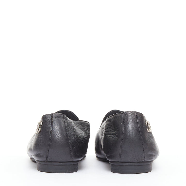 CHANEL black leather silver CC logo camellia flat loafer EU36.5