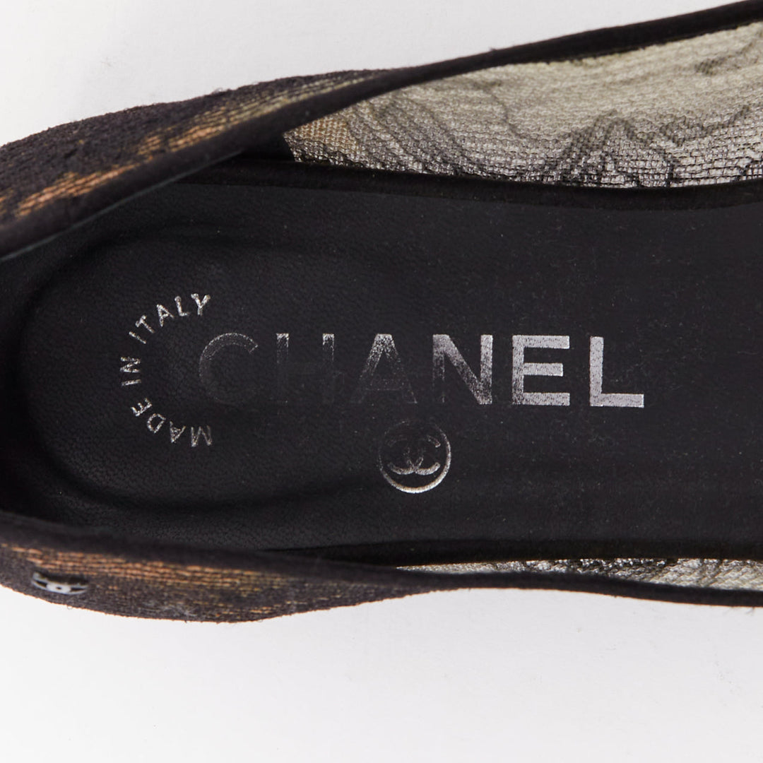CHANEL black CC logo floral lace satin toe cap nude underlay ballet flats EU37