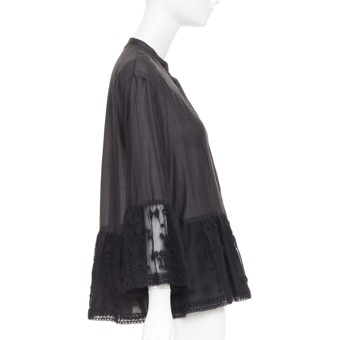 THE ROW black cotton silk fringed embroidered lace peplum sheer shirt US2 S