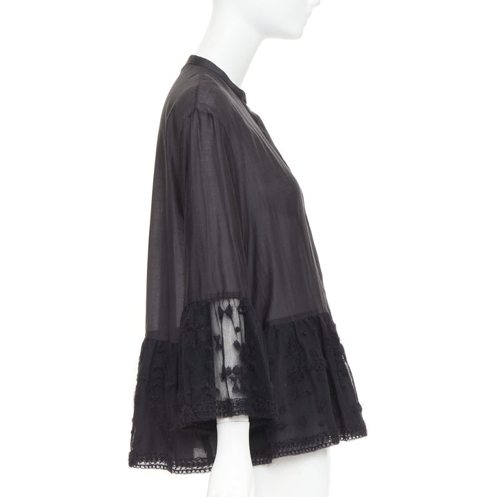 THE ROW black cotton silk fringed embroidered lace peplum sheer shirt US2 S