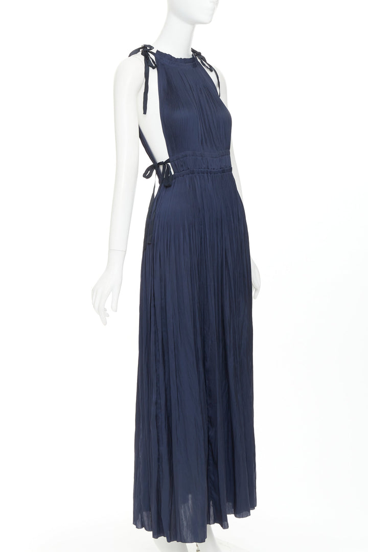 ULLA JOHNSON midnight blue pleated halter neck drawstring tie midi dress US0 XS