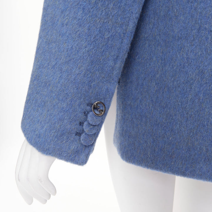 GUCCI 2024 Runway blue mohair wool back button open vent flared coat IT38 S