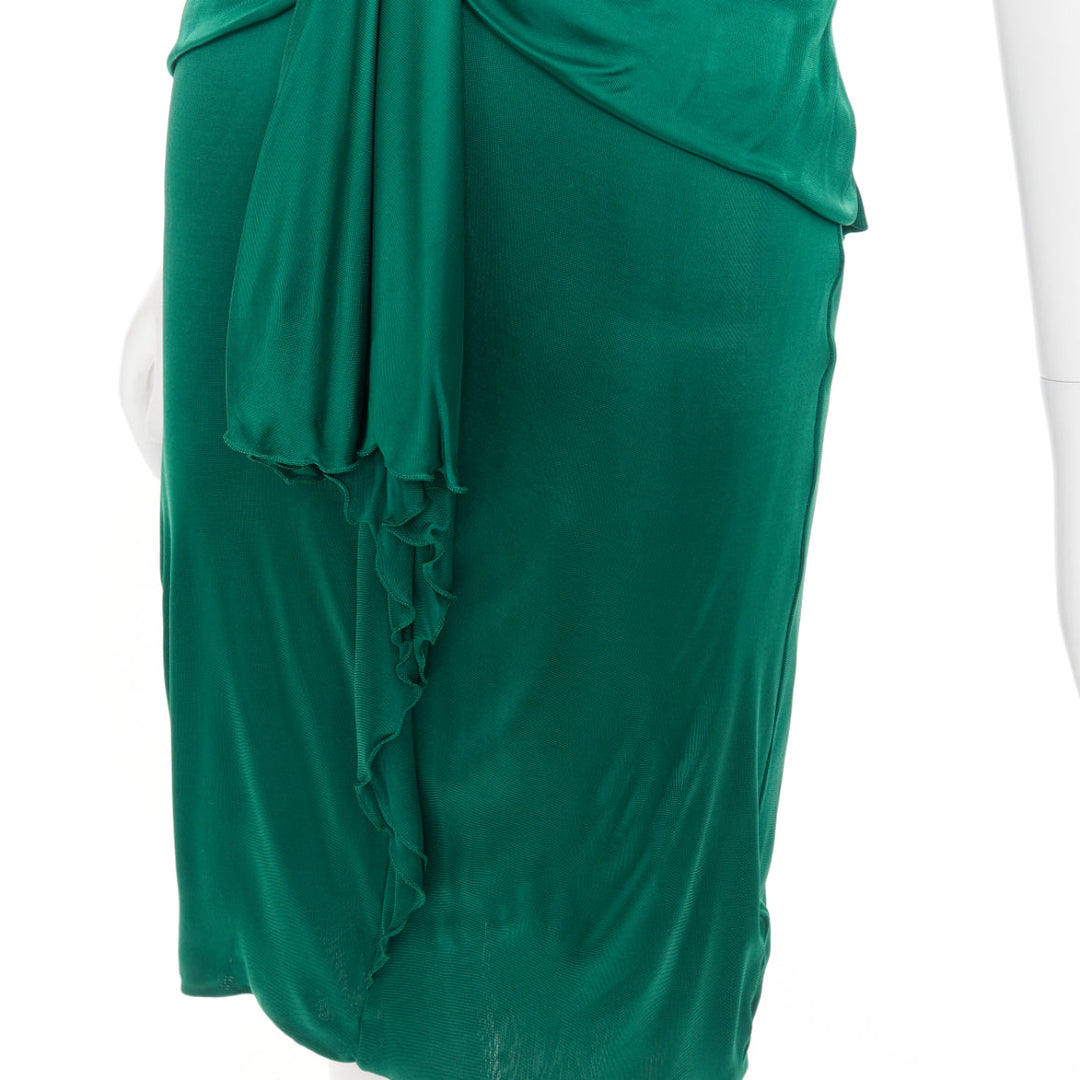GUCCI 2008 emerald green viscose gold hardware draped V neck midi dress L