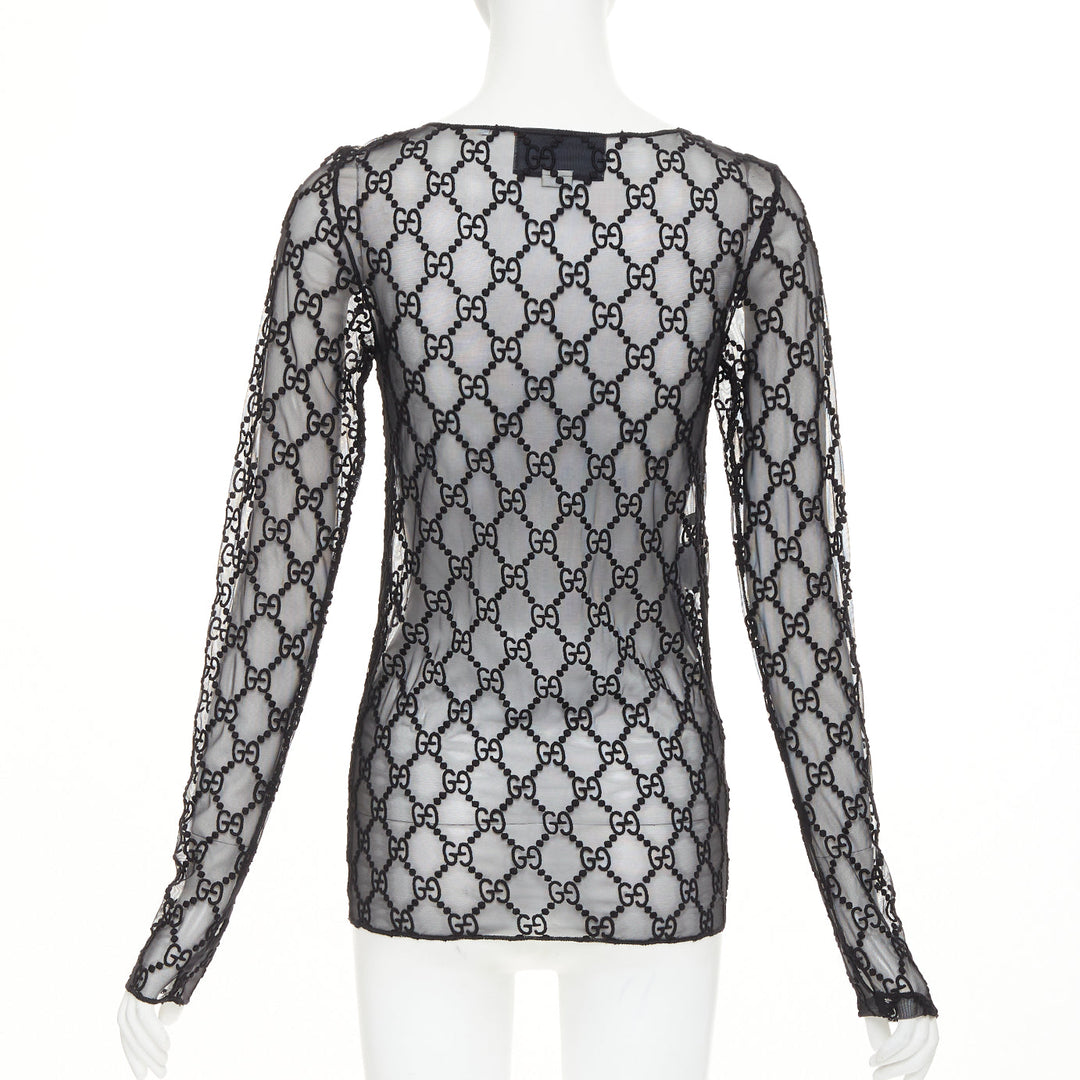 GUCCI 2019 black sheer monogram GG embroidered tulle long sleeve top XXS