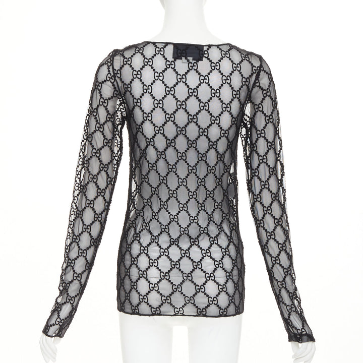 GUCCI 2019 black sheer monogram GG embroidered tulle long sleeve top XXS