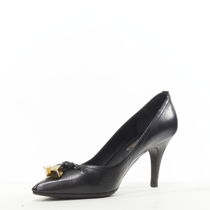 LOUIS VUITTON gold LV dice charm black leather mid heel pump EU36.5