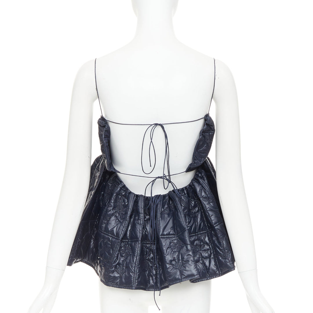 CECILIE BAHNSEN Celina navy floral quilted nylon peplum babydoll top UK6 XS