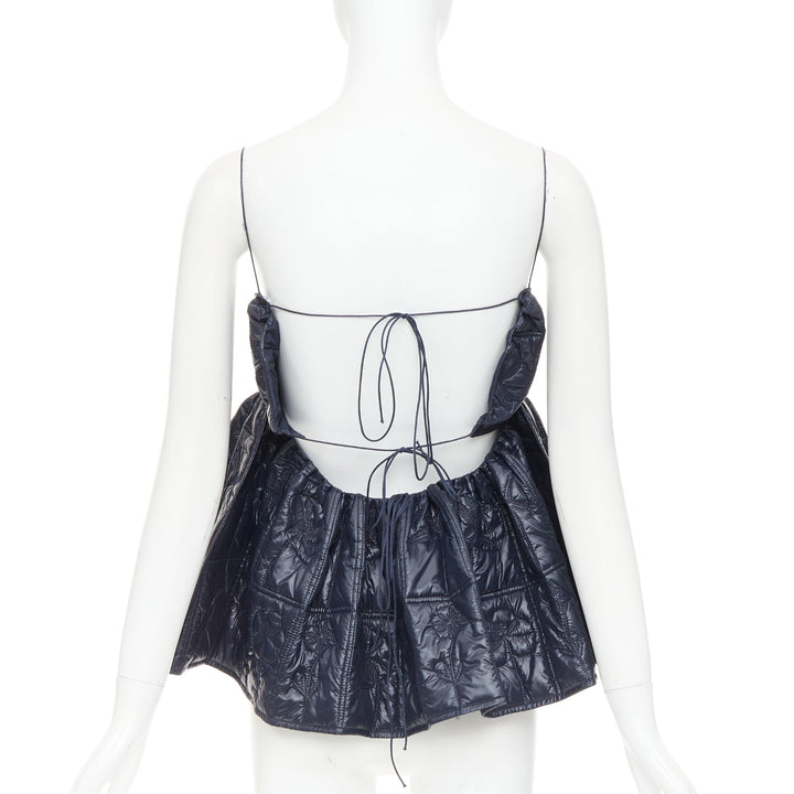 CECILIE BAHNSEN Celina navy floral quilted nylon peplum babydoll top UK6 XS