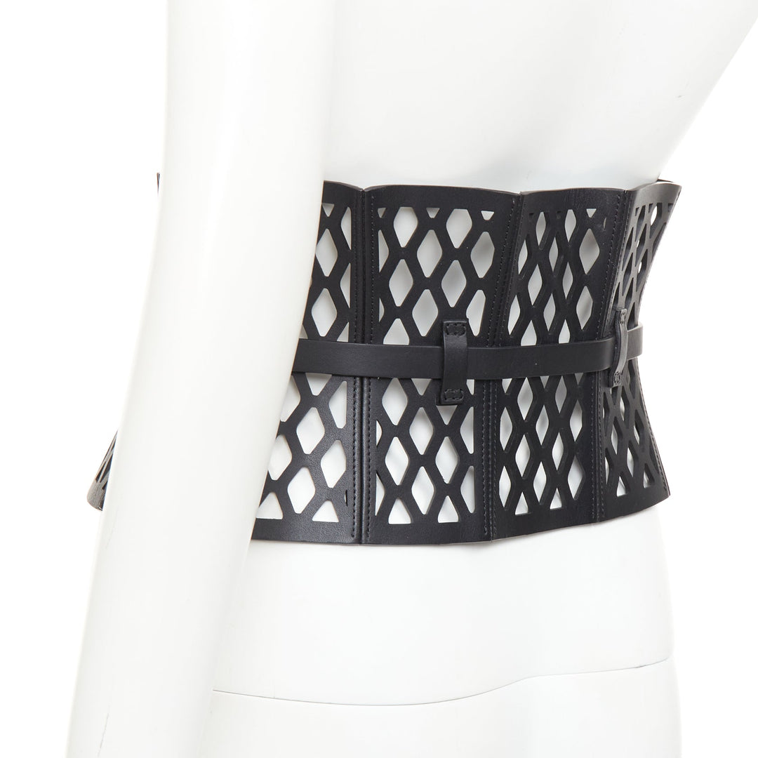 CHRISTIAN DIOR 2020 Runway D-Trap black laser cut fishnet leather corset belt M