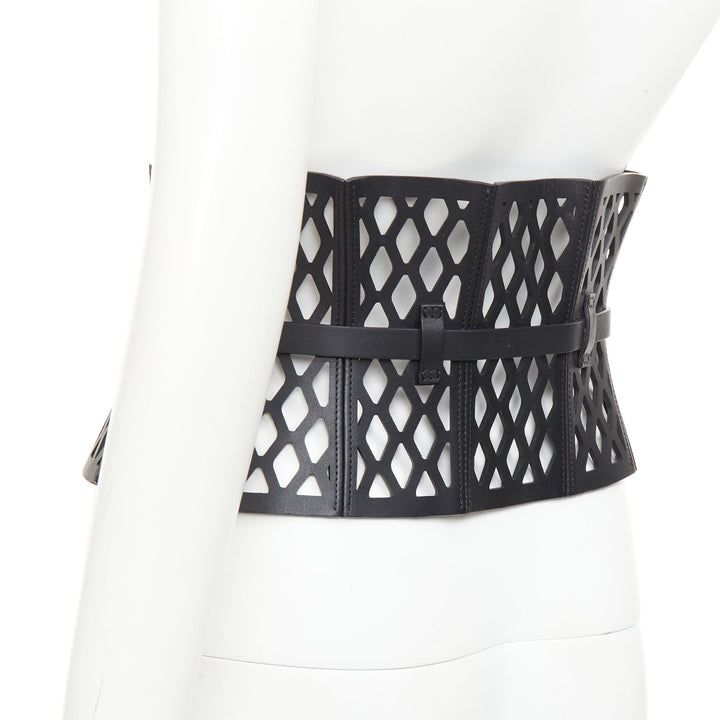 CHRISTIAN DIOR 2020 Runway D-Trap black laser cut fishnet leather corset belt M