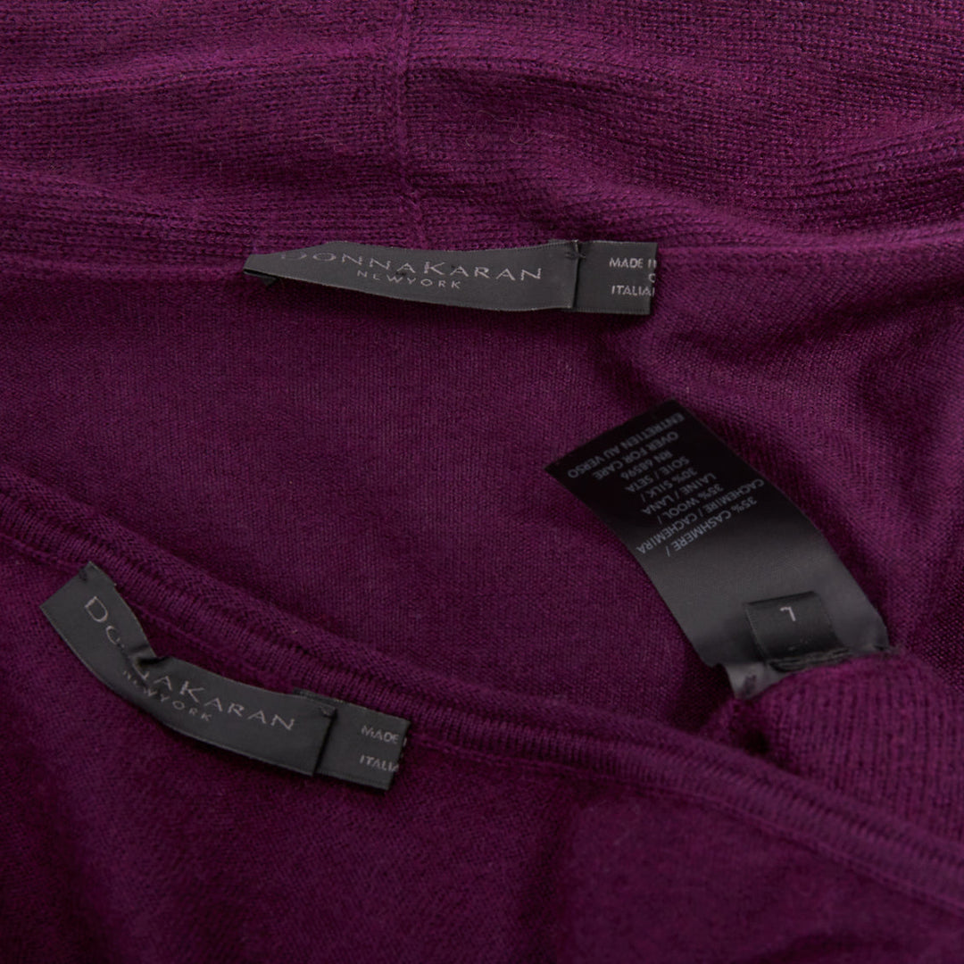 DONNA KARAN maroon purple cashmere wool silk sweater draped cardigan twin set L