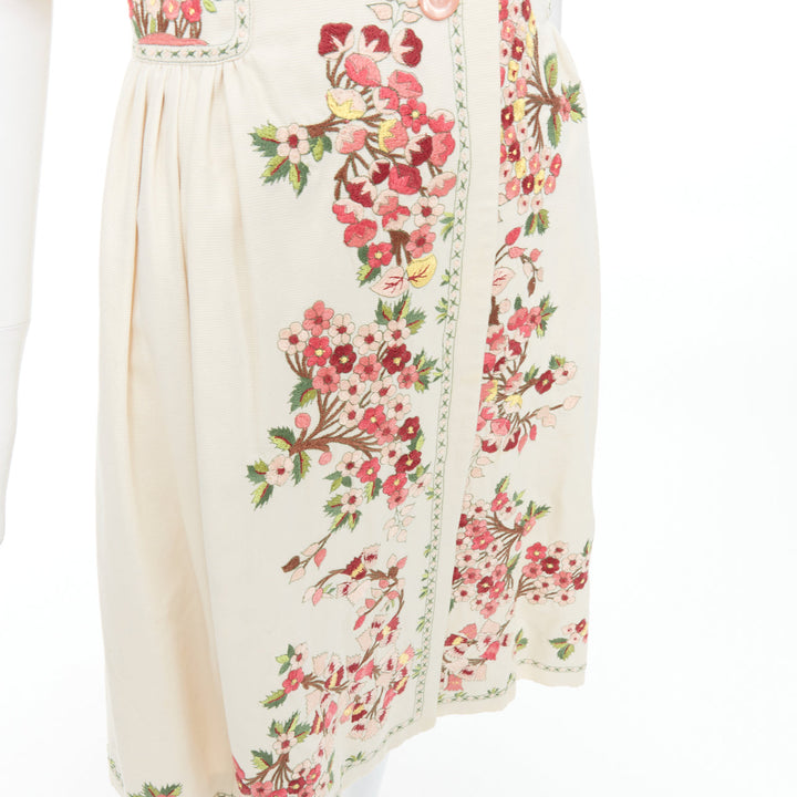 KENZO cream pink floral embroidery cotton peter pan coat dress FR38 M