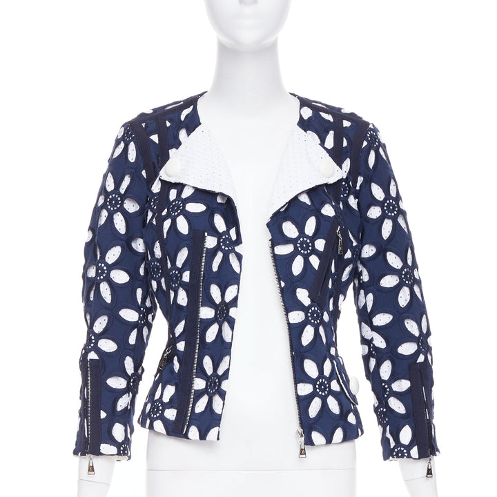 LOUIS VUITTON 2012 Runway navy floral embroidery anglais biker jacket FR38 M