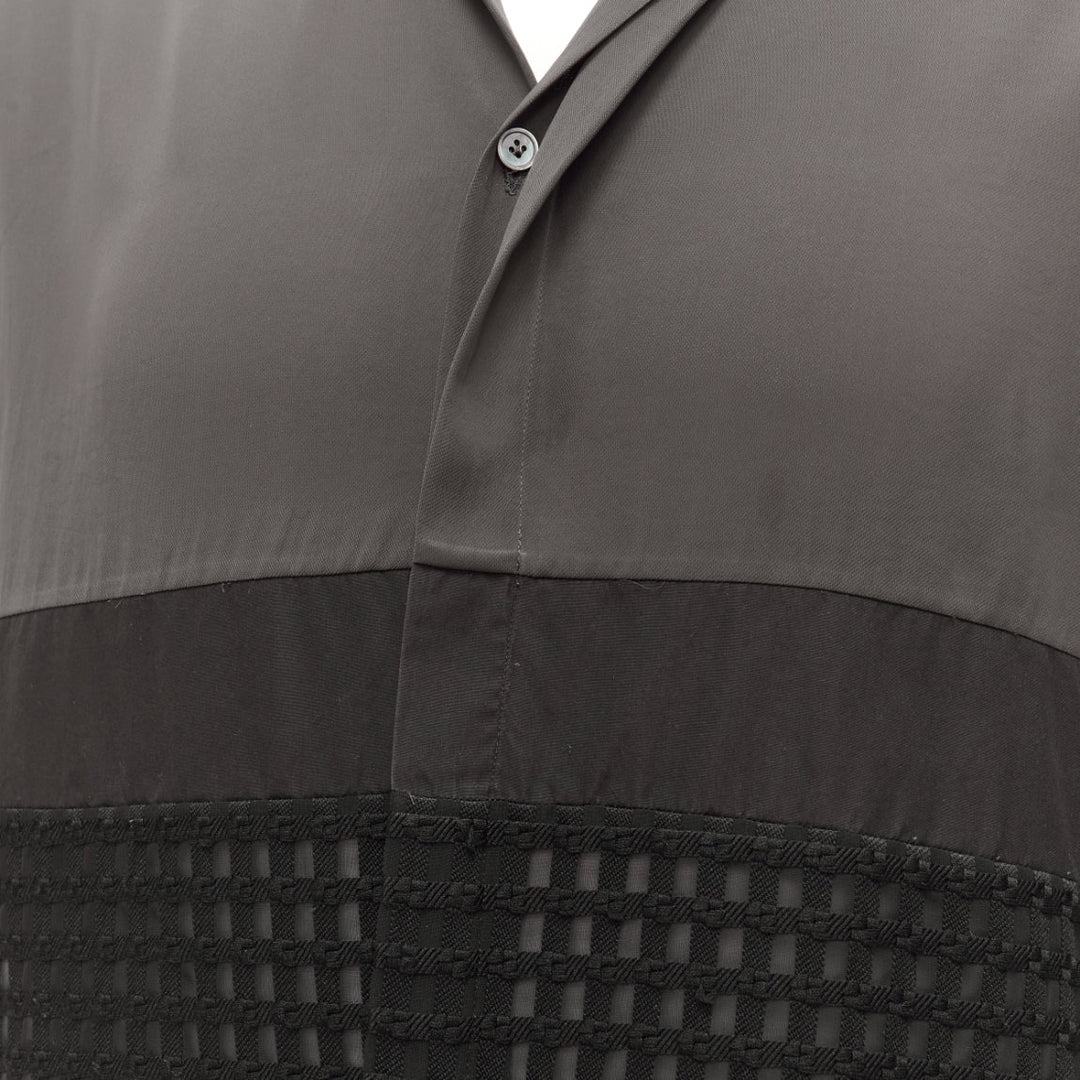 LANVIN grey black silky twill mix texture short sleeves dress shirt EU38/15 S