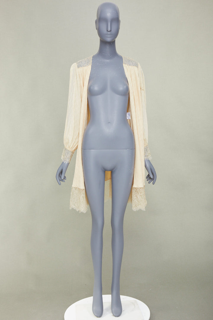 CHANEL ivory sheer silk georgette floral lace trim beach duster robe FR38 M
