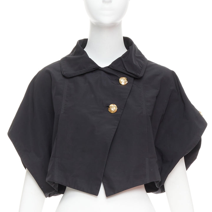 LOUIS VUITTON black georgette gold italic LV buttons cropped jacket FR34 XS
