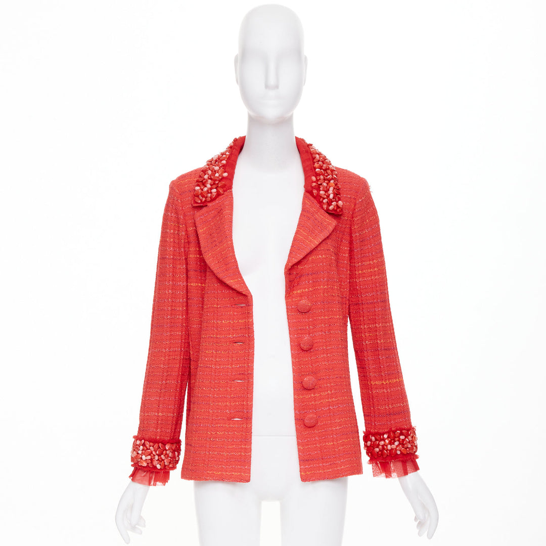 ST JOHN COUTURE red purple tweed stone embellished blazer US12 2XL
