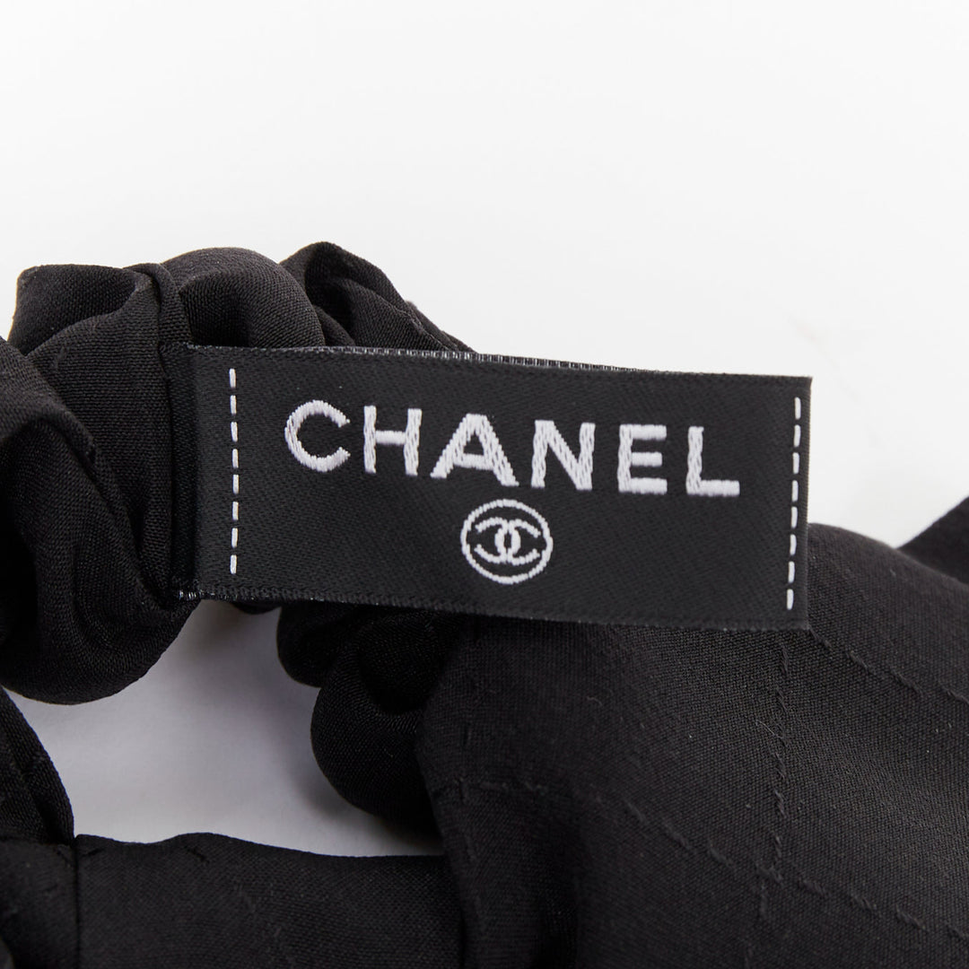 CHANEL black quilted pattern silk bow floral cc logo hair tie scrunchie