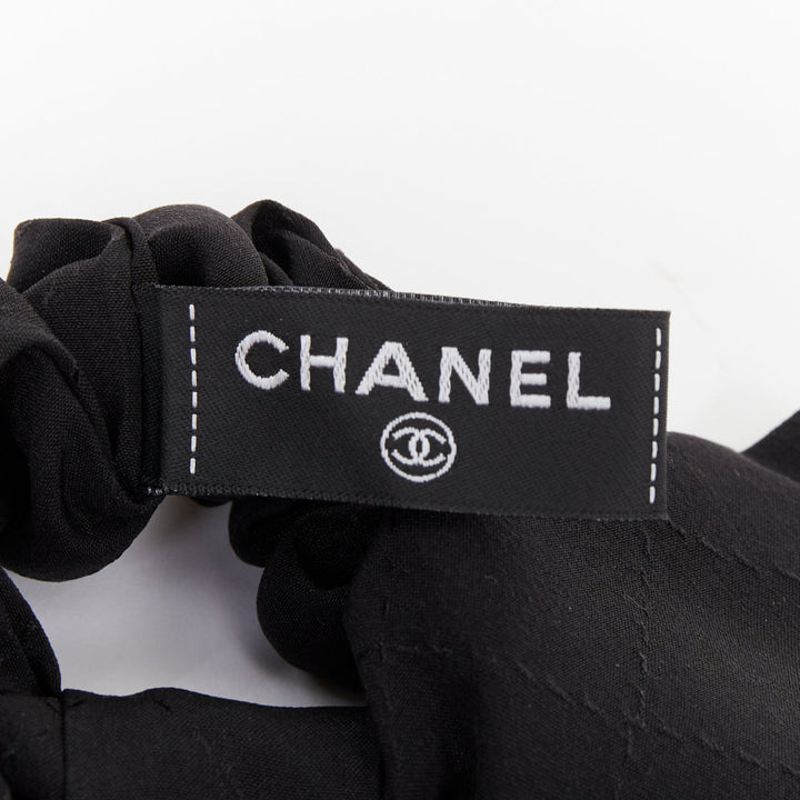 CHANEL black quilted pattern silk bow floral cc logo hair tie scrunchie