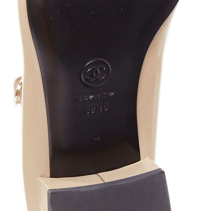 CHANEL 2024 beige leather black cap toe CC block heel mary jane flats EU39.5
