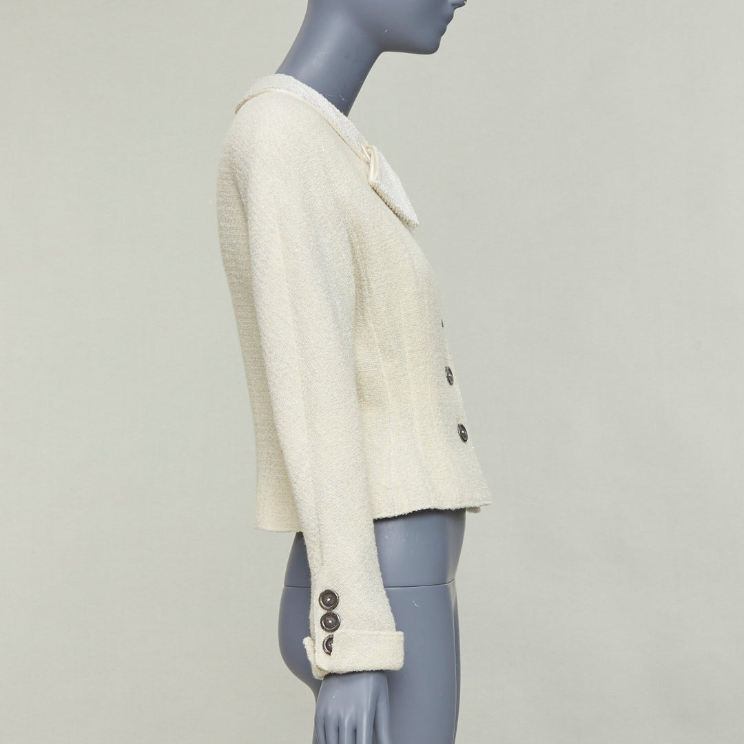 VALENTINO BOUTIQUE Vintage cream wool tweed beaded collar contour bar jacket US8