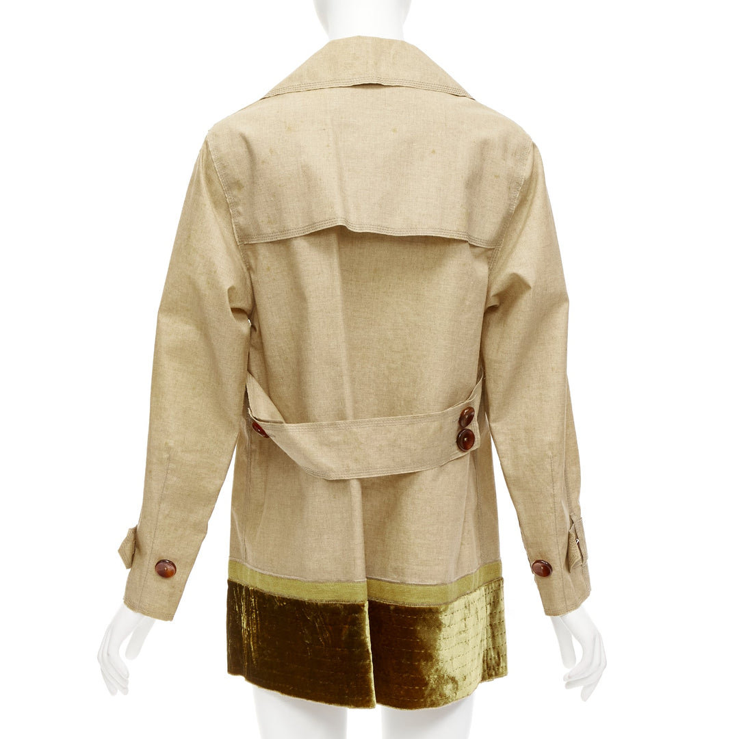 LOUIS VUITTON khaki coated linen gold velvet double breasted trench coat FR36 S