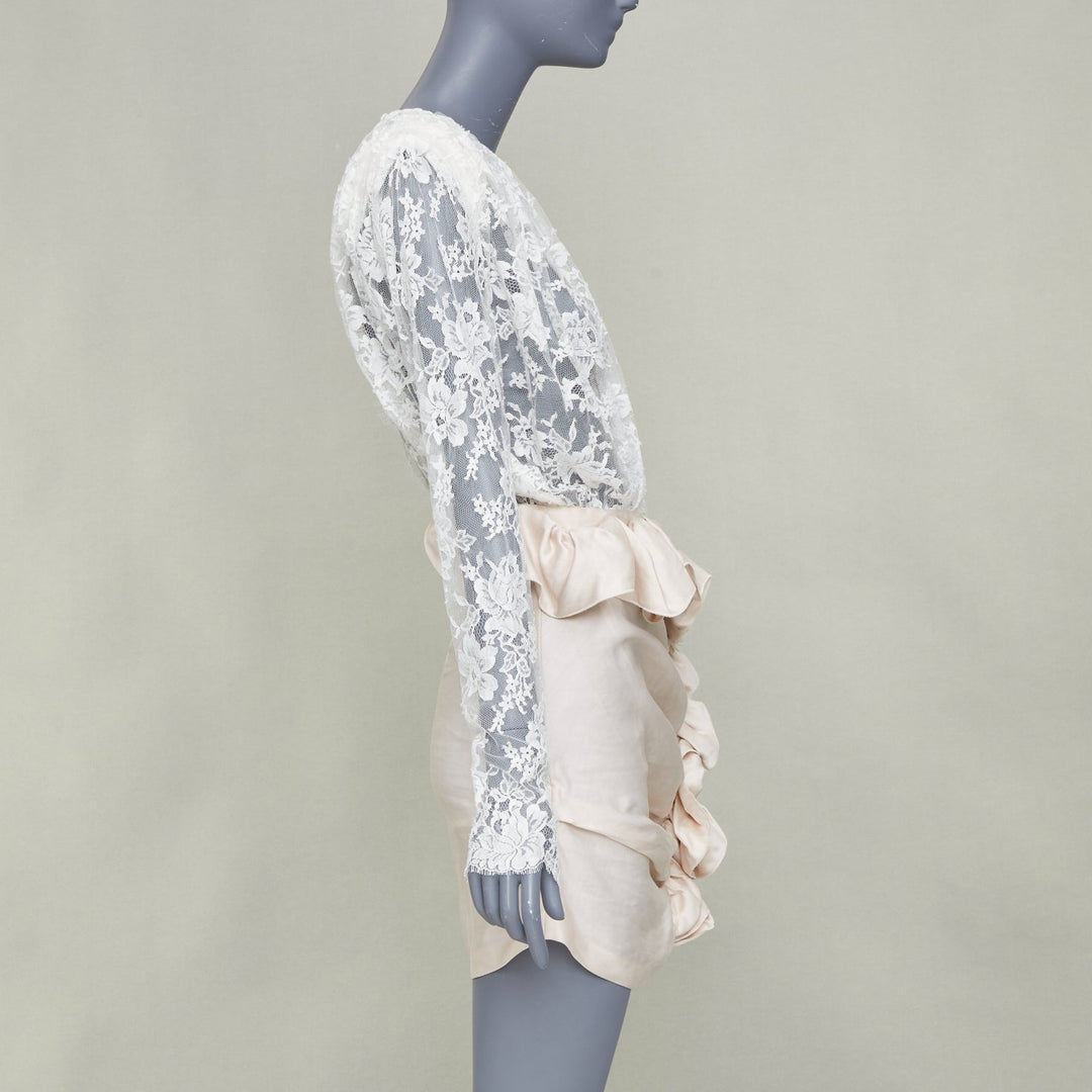 MAGDA BUTRYM Bridal Floral white lace ruffle draped satin mini dress FR34 XS
