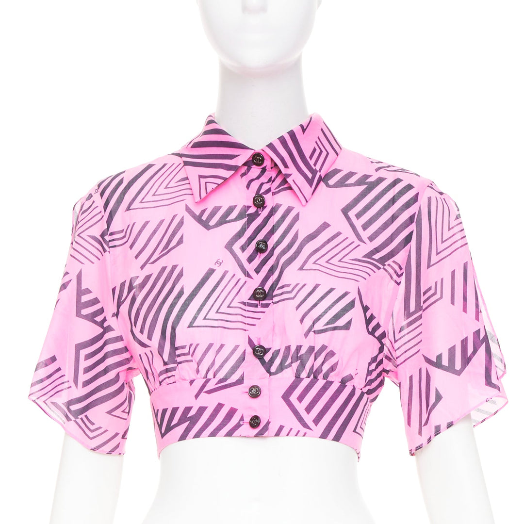 CHANEL 2023 Coco Beach pink cc geometric star graphic button crop shirt FR34