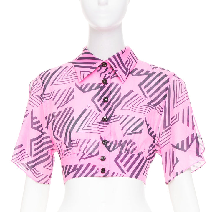 CHANEL 2023 Coco Beach pink cc geometric star graphic button crop shirt FR34