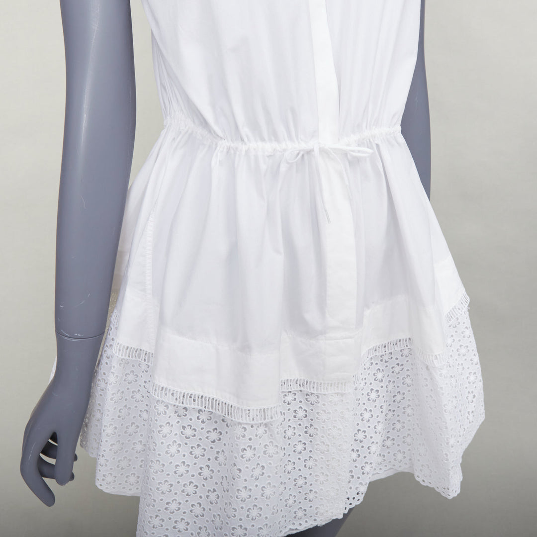 ALAIA white cotton floral eyelet drawstring tie waist tiered shirt dress FR36 S