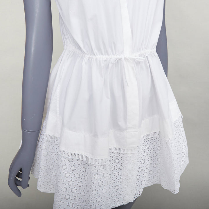 ALAIA white cotton floral eyelet drawstring tie waist tiered shirt dress FR36 S