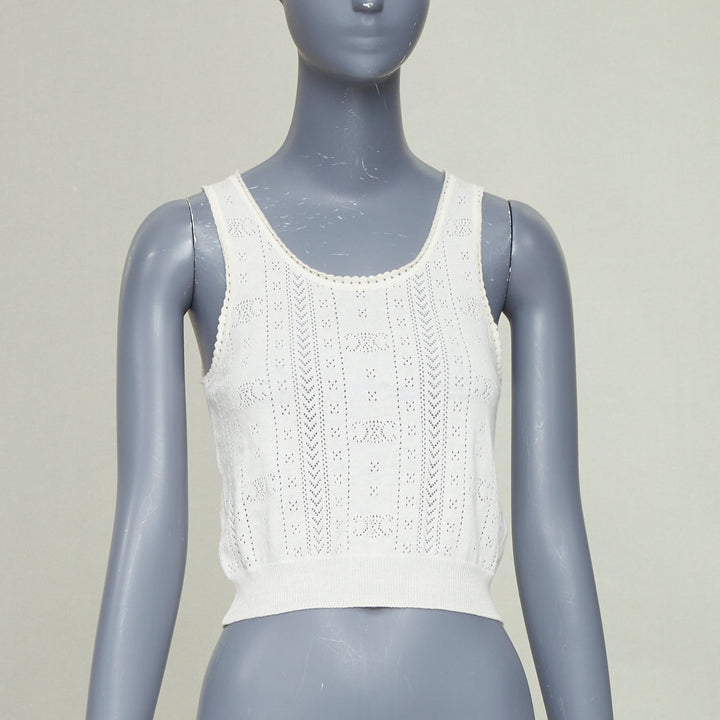 CELINE 2022 Triomphe Logo off white cotton pointelle knit cropped tank top S
