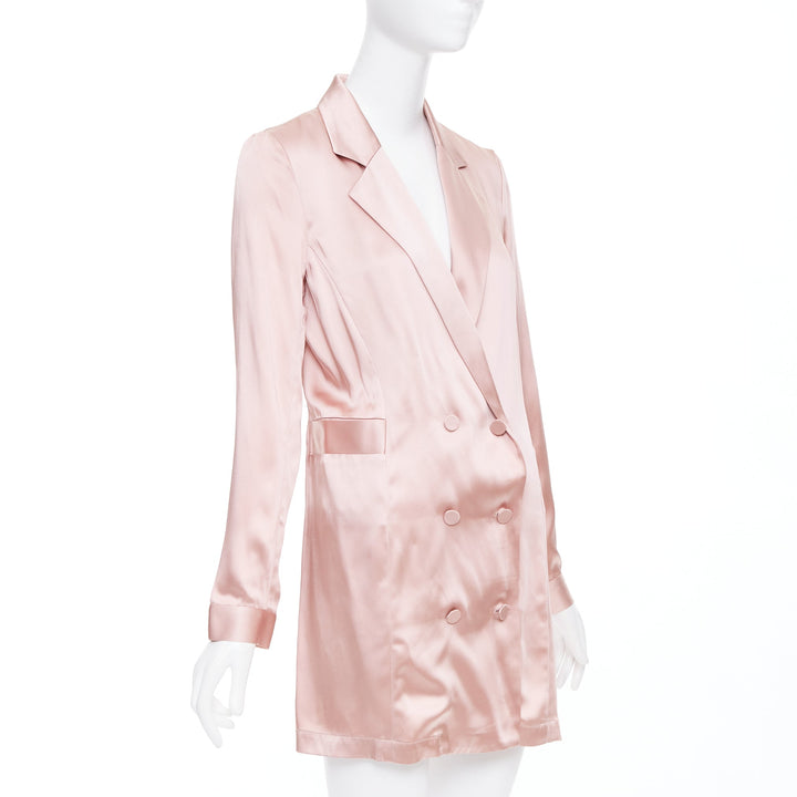 FLEUR DU MAL pink silky double breasted pocketed longline blazer coat US0 XS