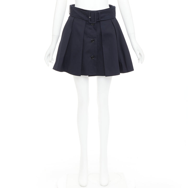 PATOU navy cotton front button box pleat belted flared mini skirt FR38 M