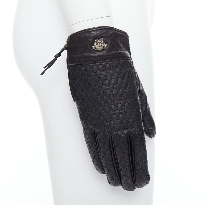 VERSACE black honeycomb quilted leather silver medusa logo gloves M