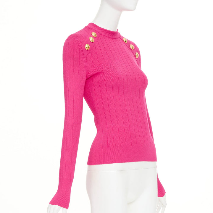BALMAIN 2022 hot fuschia pink viscose gold buttons ribbed crew sweater FR36 S