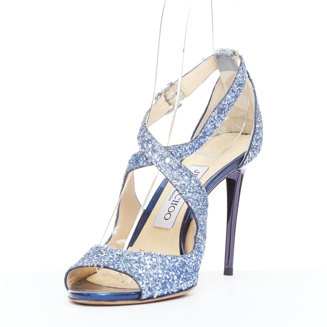 JIMMY CHOO Emily blue glitter crisscross strap open toe sandals EU36