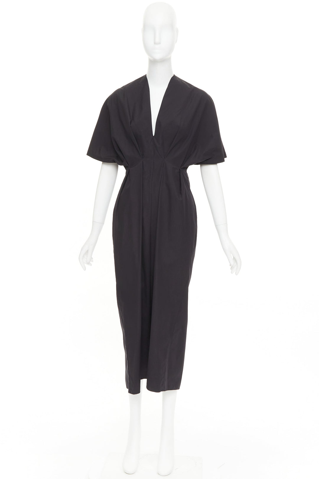ESME VIE black cotton poplin V neck short cape sleeve pleated midi dress FR38 M