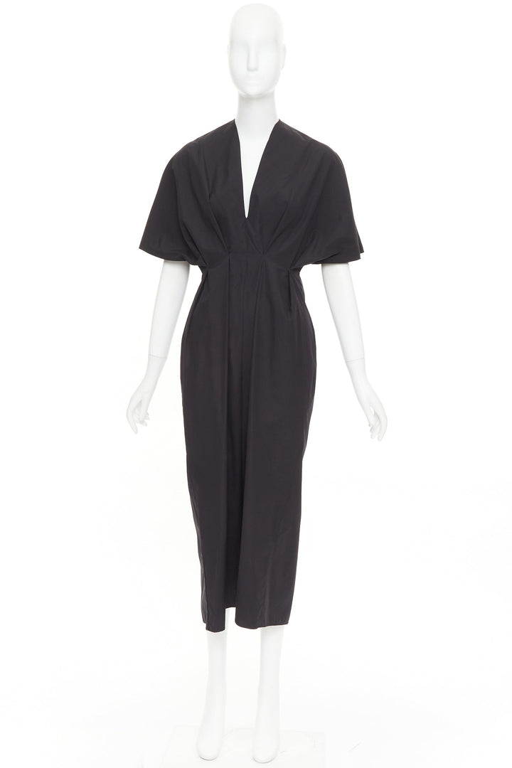 ESME VIE black cotton poplin V neck short cape sleeve pleated midi dress FR38 M