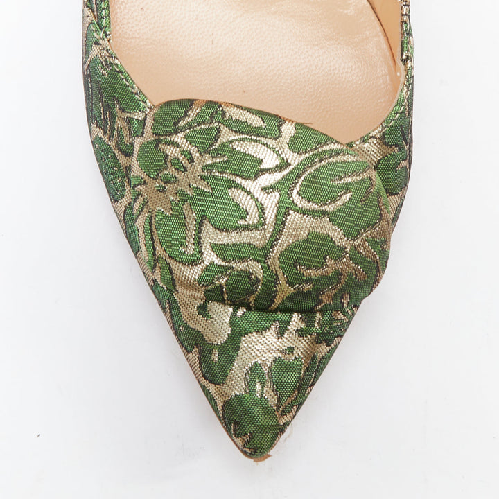 RUPERT SANDERSON Aga green gold brocade embellished pointy flats EU38