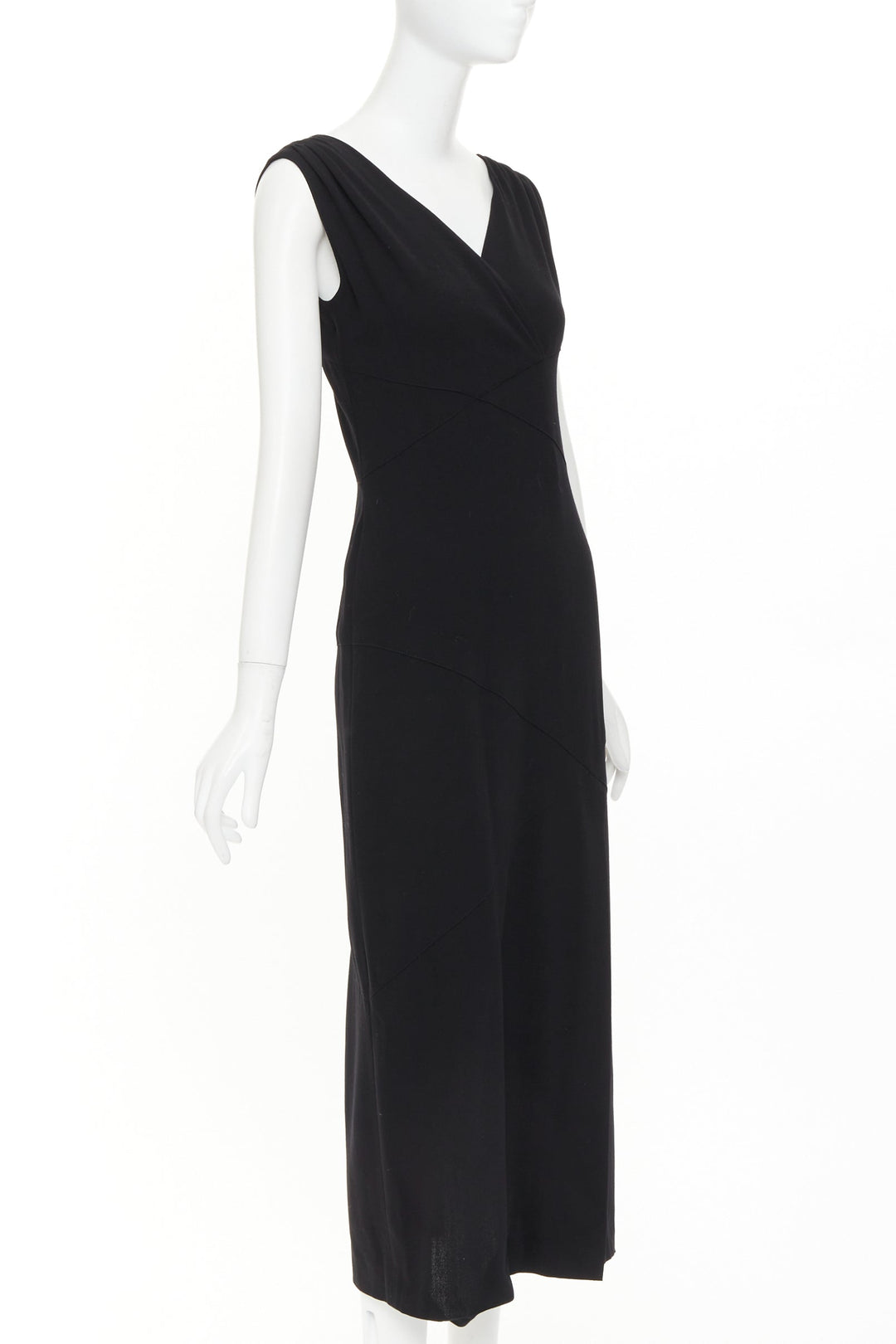 CHANEL 1998 asymmetric surplice black wool crepe cocktail sheath dress FR38 M