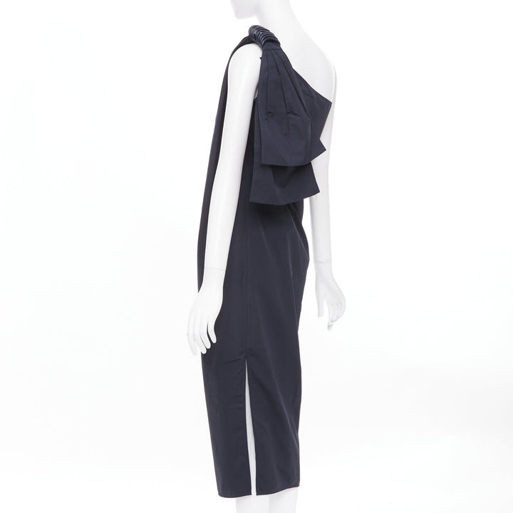 MAX MARA Sfilata black asymmetric draped cotton leather trim midi dress IT36 XXS